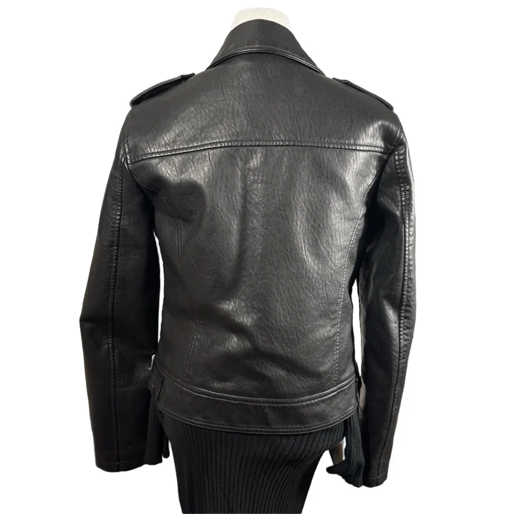 Size 6 Topshop Black Faux Leather classic Moto Jacket pockets Zippers Unisex - Picture 7 of 12